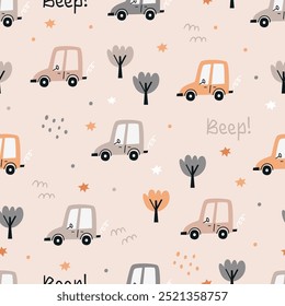 Boho seamless pattern with cute cars. Perfect for wallpaper, fabric, gift paper and other baby designs.