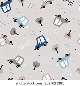 Boho seamless pattern with cute cars. Perfect for wallpaper, fabric, gift paper and other baby designs.