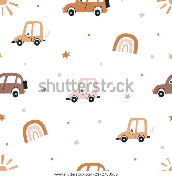 Boho seamless pattern with cute cars.\
Pattern for bedroom, wallpaper, kids and baby\
wear.
