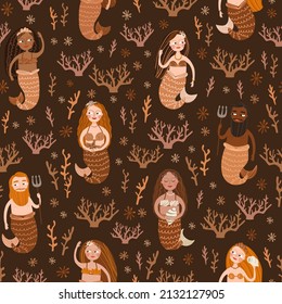 Boho seamless pattern with cute dark skinned mermaids on brown background. Sea digital background with vector hand drawn elements. Seamless pattern for kids fabric, textile and scrapbook paper.