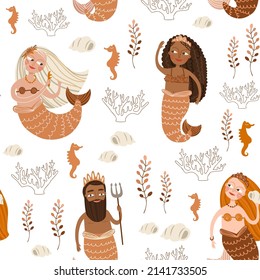 Boho seamless pattern with cute dark skinned mermaids on white background. Sea digital background with vector hand drawn elements. Seamless pattern for kids fabric, textile and scrapbook paper.