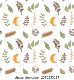 Boho seamless pattern. Cute floral twigs and abstract shapes background.
