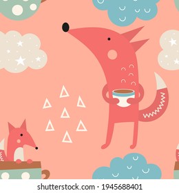 Boho seamless pattern. Cute little fox and clouds. Vector kids illustration for nursery design. Foxes pattern for baby clothes, wrapping paper.