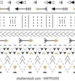 Boho seamless pattern with decorative arrows. Ethnic geometric print with golden glitter texture.  Background texture. Vector illustration