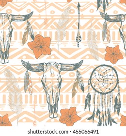 Boho seamless pattern with dreamcatchers and arrows