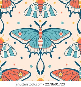 Boho Seamless pattern with elegant mystery moth. Vintage graphic with butterfly flowers. Celestial bohemian fabric, wrapping paper.