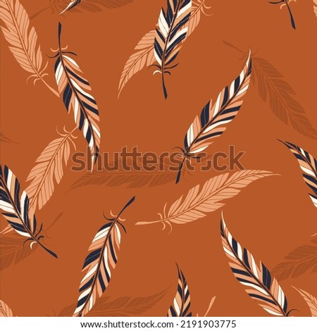 Boho seamless pattern. Ethnic feathers. Vector illustration on pastel background. 