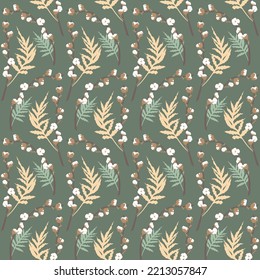 Boho seamless pattern with eucalyptus and cotton on green background.