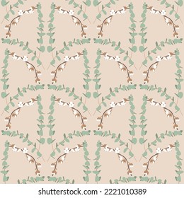 Boho seamless pattern with eucalyptus and cotton on beige background.