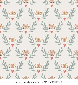 Boho patrón sin fisuras con ojos, hojas, corazones sobre fondo blanco. Perfecto para tarjetas de felicitación, papel pintado, papel de envoltura, tela. Ilustración del vector