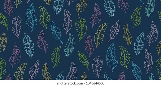 Boho seamless pattern. Feather outline cartoon dark background. Line bird feathers pattern. Hand drawn tattoo design. Ethnic bohemian style, hipster, indian symbols. Vector illustration