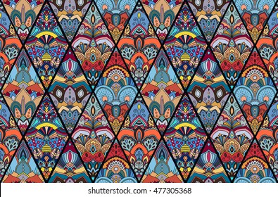 Boho Seamless Pattern from Flower Mandala Rhombus. Colorful blue tile background. Intricate floral design element for wallpaper, gift paper, fabric print, furniture. Unusual vector ornament decoration