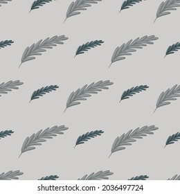 Boho seamless pattern in grey pale style with feather shapes. Abstract hand drawn nature ornament. Perfect for fabric design, textile print, wrapping, cover. Vector illustration.