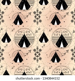 Boho seamless pattern with indian teepee or wigwam. Tribal icon of camping, adventure vibes.