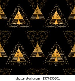 Boho seamless pattern with indian teepee or wigwam. Tribal icon of camping, adventure vibes.