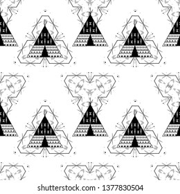 Boho seamless pattern with indian teepee or wigwam. Tribal icon of camping, adventure vibes.
