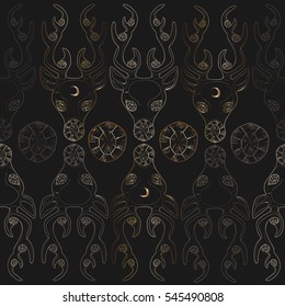 Boho seamless pattern. Jewelry deer head with a Crescent and diamante.