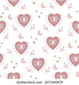 Boho seamless pattern- magical seeing heart with third eye on white background. Occult esoteric mystic symbol. Alchemy vector illustration. Design for spiritual print, fabric, textile, paper wrapping,