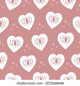 Boho seamless pattern- magical seeing heart with third eye on pink background. Occult esoteric mystic symbol. Alchemy vector illustration. Design for spiritual print, fabric, textile, paper wrapping