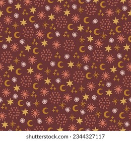 Boho patrón sin fisuras con luna y estrellas de fondo marrón. Ideal para tapicería, papel de regalo, tarjetas de felicitación de temporada. Ilustración del vector