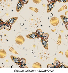 Boho seamless pattern with moth, stars and gold sun. Magic background with space elements stars. 