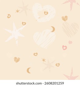 Boho seamless pattern pastel-colored hearts, stars, moons, and abstract scribble elements