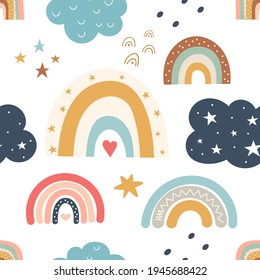 Boho seamless pattern with rainbows and clouds. Vector illustration.