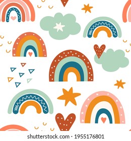 Boho seamless pattern with rainbows and clouds. Vector illustration.