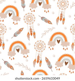 Boho seamless pattern with rainbows, feathers, dream catchers and another decorative elements isolated on white background.	
