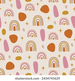 Boho seamless pattern with rainbows, stars and abstract shapes on white background. Perfect for spring and summer greetings, wallpaper, wrapping paper, fabric. Vector illustration