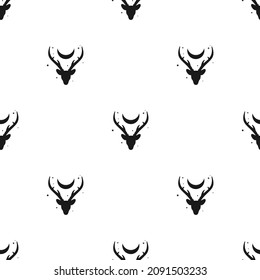 boho seamless pattern. Silhouette of deer head with antlers, crescent moon and stars. Magic, witchcraft, nature ornamentl. Ethnic vector print for paper and fabric. Fantasy, fairy tale beast. 