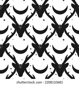 boho seamless pattern. Silhouette of deer head with antlers, crescent moon and stars. Magic, witchcraft, nature ornamentl. Ethnic vector print for paper and fabric. Fantasy, fairy tale beast. 