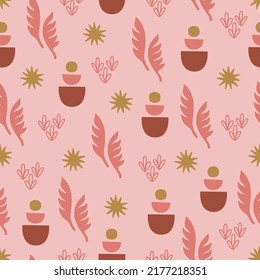 Boho seamless pattern with stars, leaves, geometric shapes on pink background. Perfect for greetings card, wallpaper, wrapping paper, fabric. Vector illustration