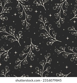 Boho seamless pattern with stars and leaves. Bohemian modern background. Celestial wrapping paper.