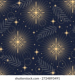 Patrón sin fisuras boho con estrellas. Fondo mágico con Elementos espaciales y hierbas. 