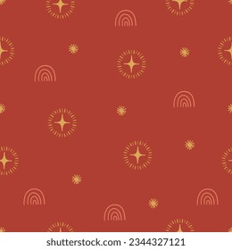 Boho seamless pattern with stars and rainbows on orange background. Perfect for wallpaper, gift paper, seasonal greeting cards. Vector illustration