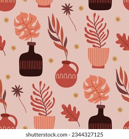 Boho seamless pattern with stars, vases, palm and monstera leaves on pink background. Perfect for wallpaper, gift paper, seasonal greeting cards. Vector illustration