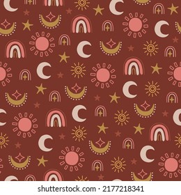 Boho seamless pattern with sun, stars, rainbow, moon on brown background. Perfect for greetings card, wallpaper, wrapping paper, fabric. Vector illustration