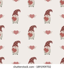 Boho seamless pattern with Valentine gnomes. Love gnome vector background. Can be used for nursery, wallpaper, wrapping, textile.