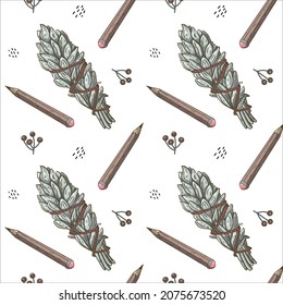 Boho seamless pattern with whine sage smudge stick, pencils and berries. Wiccan pattern 