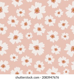 Boho seamless pattern with white flowers and pink background