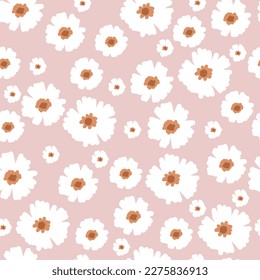 Boho seamless pattern with white flowers and pink background
