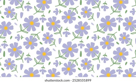 Boho padrão sem costura com flores silvestres, branco e roxo fundo de botânica flores.