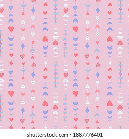 Boho seamless patternfor Valentine's day greeting cards. Modern flat art - print bohemian moon phases with hearts. Flat vector illustration