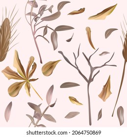 Boho Seamless patterns with decoration leaves, soft pampas, dry herbs, tree branch. Endless texture for your design. Vector illustration