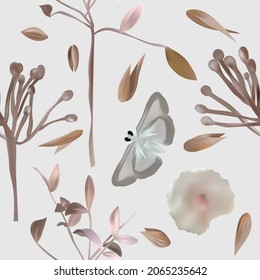 Boho Seamless patterns with decoration leaves, butterfly, flower, dry herbs, tree branch. Endless texture. Vector illustration