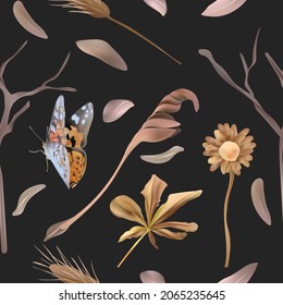 Boho Seamless patterns with decoration leaves, butterfly, flower, dry herbs, tree branch. Endless texture. Vector illustration