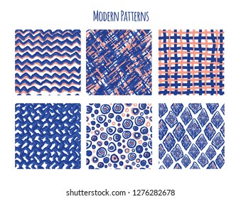 Boho seamless patterns set with ikat style for print design. Abstract repeat background. Blue tribal trendy vector wallpaper.