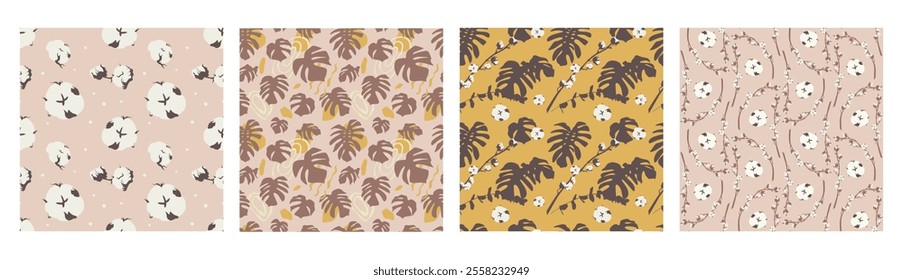 Boho seamless patterns set with monstera leaves and cotton branches. Hand drawn floral silhouettes tropical backgrounds bundle. Bohemian foliage brown wallpapers collection.