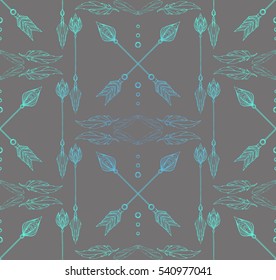 Boho Seamless texture with doodle arrows and feathers. Vector background for your creativity